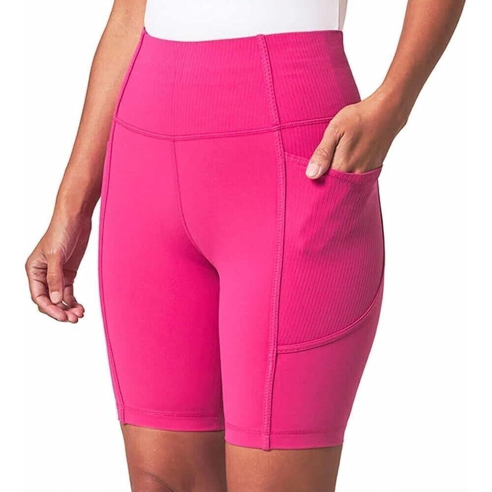 Mondetta Women's XXL High Waist 8" Compressive Bike Shorts Ribbed Pockets Pink